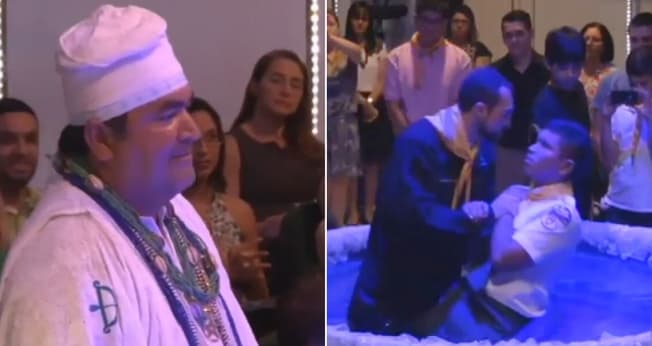 Eduardo Santos no batismo do filho. (Foto: Reprodução/YouTube/Testemunho Eduardo Santos)
