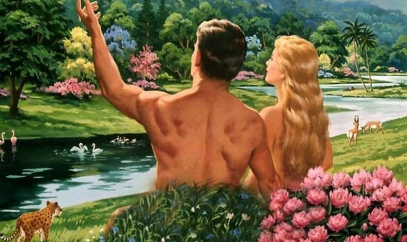 Ilustração sugere cena de Adão e Eva no Jardim do Eden.