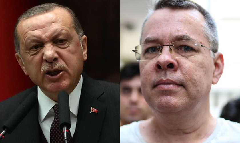 Erdoğan, presidente da Turquia (esquerda) e o pastor americano Andrew Brunson (direita). (Fotos: Reprodução).