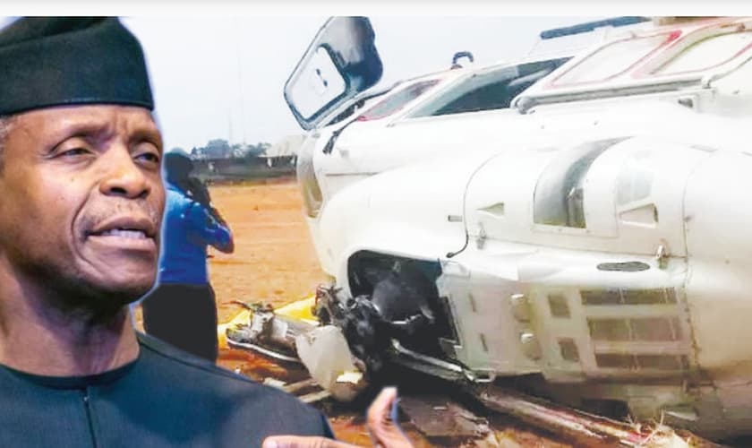 Vice-presidente da Nigéria Yemi Osinbajo e helicóptero que caiu perto do Kaaba Township Stadium. (Foto: Reprodução/Punch NG)