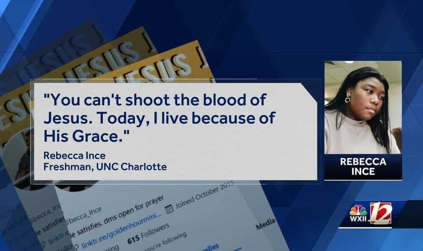 Rebeca Ince ajudou a montar uma barricada e liderou seus colegas em oração para sobreviverem ao tiroteio na Universidade da Carolina do Norte, em Charlotte. (Imagem: WXII)