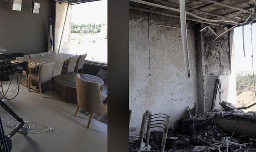 Estúdio da Daystar em Jerusalém antes e depois do ataque a bomba. (Foto: Reprodução/CBN News)