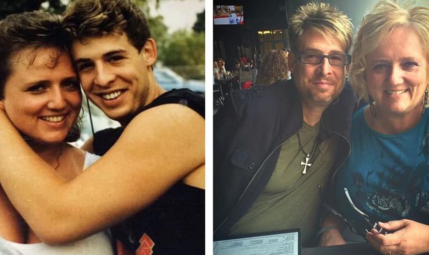 Gail Chester ao lado de Kathy, em 1986, quando se conheceram; e hoje, casados e com filhos. (Foto: reprodução/God Reports)