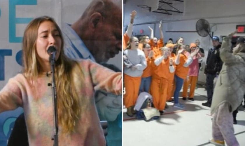Lauren Daigle durante o evangelismo na prisão. (Foto: Reprodução/Instagram/Lauren Daigle)