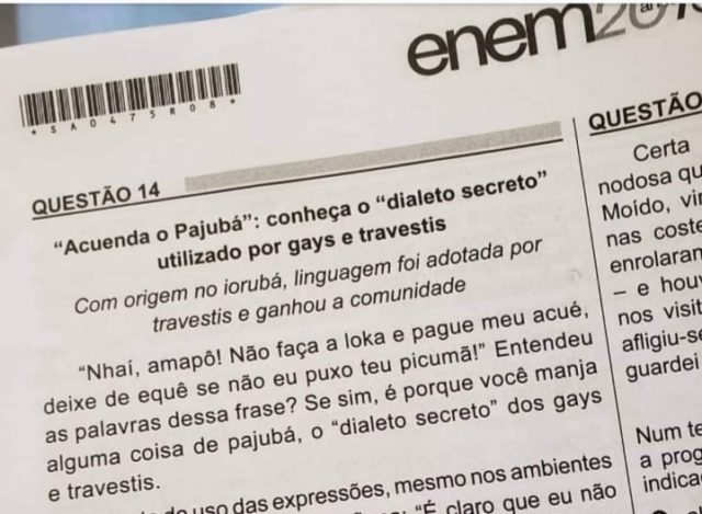 Questão do Enem abordou 'dialeto secreto dos gays e travestis'. (Foto: Reprodução)