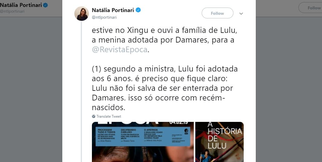 Natália Portinari é jornalista da revista Época e menosprezou o infanticídio indígena para tentar desmentir e acusar a ministra Damares Alves de sequestro. (Imagem: Twitter - Reproduçã)
