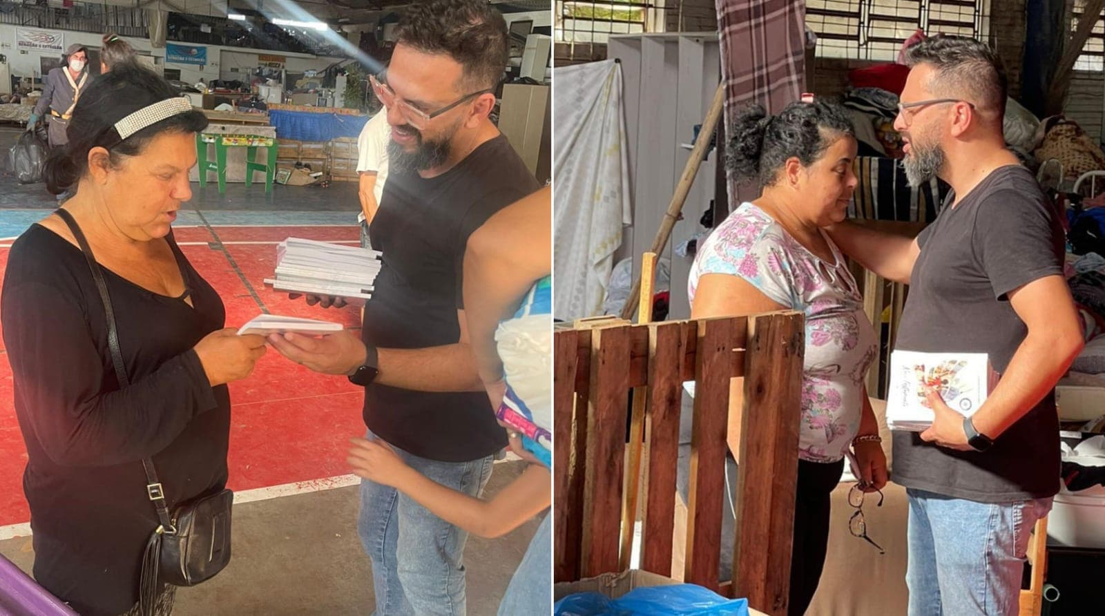O pastor Anderson distribuiu Bíblias em abrigos no RS. (Foto: Divulgação).
