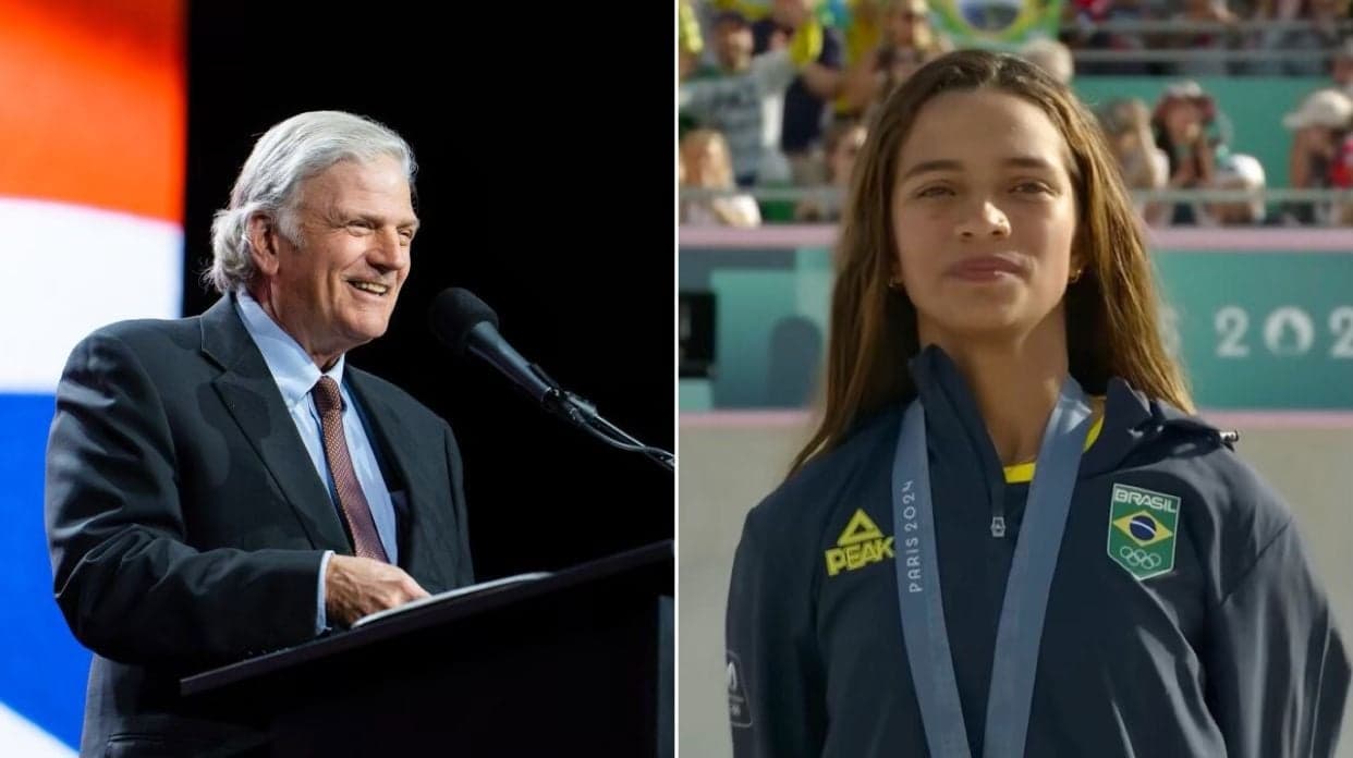 Franklin Graham e Rayssa Leal. (Foto: Reprodução/YouTube/Olympics/Facebook/Franklin Graham)