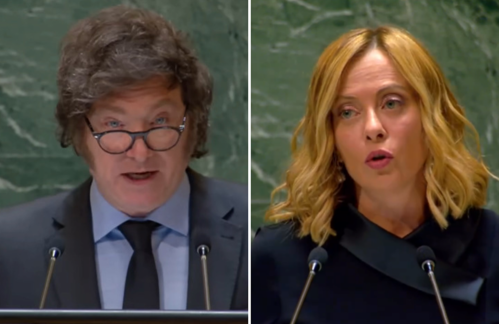 Javier Milei, presidente da Argentina, e Giorgia Meloni, primeira-ministra da Itália, discursam na 79ª sessão Assembleia Geral das Nações Unidas. (Captura de tela/YouTube/Nações Unidas/Palazzo Chigi)