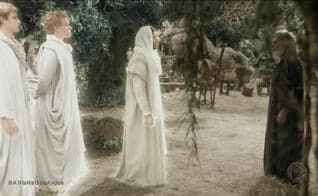 Cena da novela Gênesis, quando Deus e dois Anjos visitam Abraão em seu acampamento. (Captura de tela/YouTube Record TV)