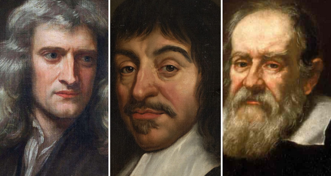 Isaac Newton, René Descartes e Galileu Galilei. (Foto: Domínio público/Wikimedia/SNL)