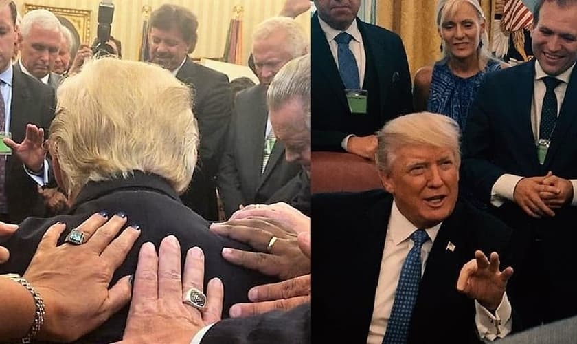 Pastores impõem as mãos sobre Trump para oração (esquerda) e conversam com o presidente (direita). (Imagem: Facebook)