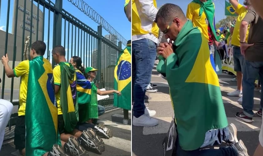 Manifestantes ajoelhados orando pelo Brasil. (Foto: Francielle Gentil/Instagram)