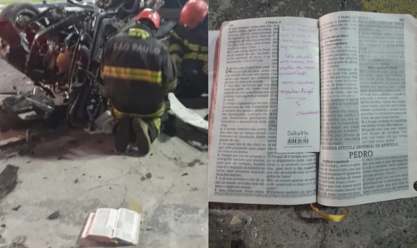 O exemplar estava ao lado do carro totalmente destruído, aberto no livro de 1 Pedro. (Foto: Plantão Guarajá).