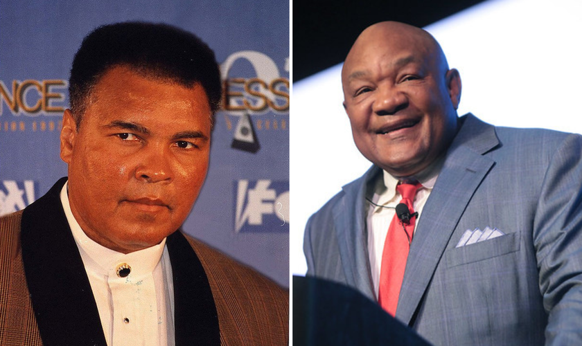 Muhammad Ali [à esquerda]; George Foreman [à direita]. (Foto montagem: Wikipedia/Flickr/Gage Skidmore)