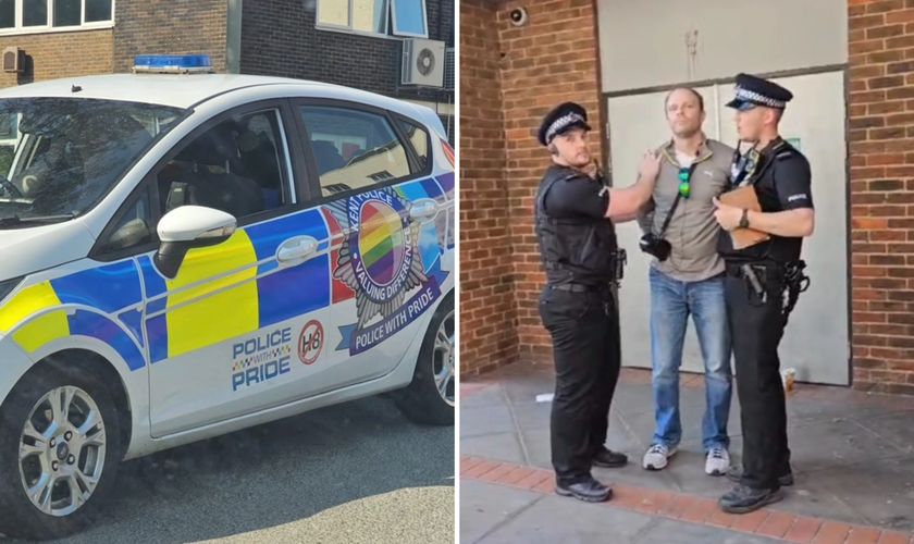 Uma viatura da polícia britânica decorada as cores LGBT; Ryan Schiavo durante prisão. (Foto: Ryan Schiavo)