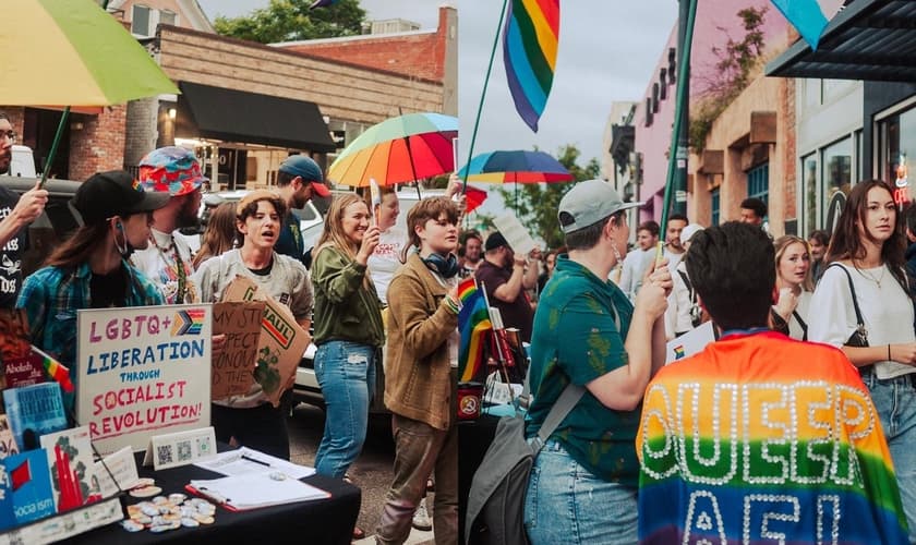 Manifestantes LGBT em frente a cafeteria cristã. (Foto: Reprodução/Facebook/Denver Communists)