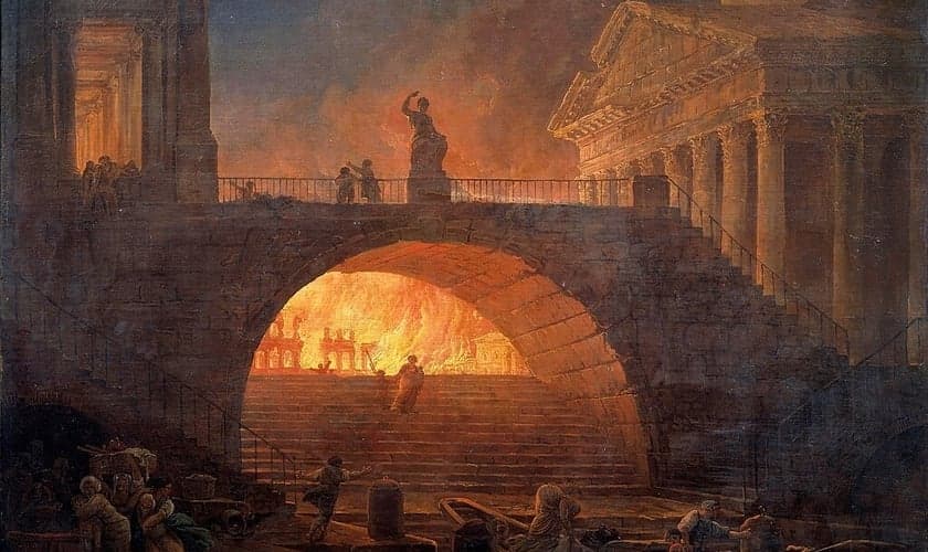 O incêndio de Roma, 18 de julho de 64, óleo de Hubert Robert, no Museu de Arte Moderna André Malraux, em Le Havre. (Foto: Wikipedia)