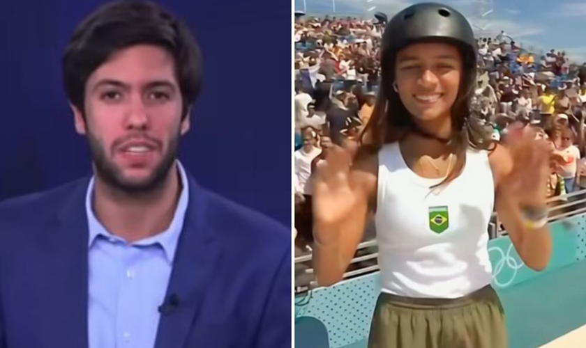 Caio Coppolla na CNN Brasil; Rayssa Leal nas Olimpíadas de Paris. (Captura de tela/Instagram/boletimcoppolla/Reprodução YouTube)