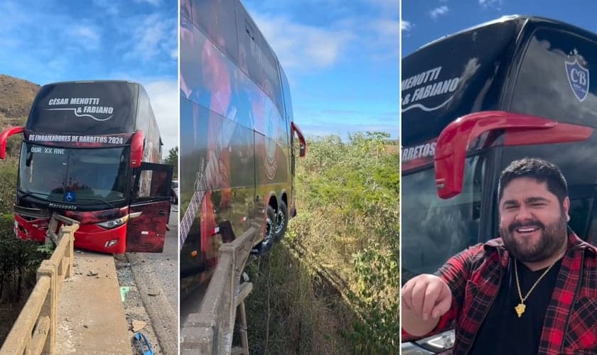 O ônibus após o acidente. (Foto: Reprodução/Instagram/César Menotti)