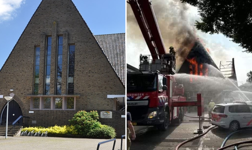 Igreja Regenboogkerk antes e durante incêndio. (Foto: Facebook/ Regenboogkerk)