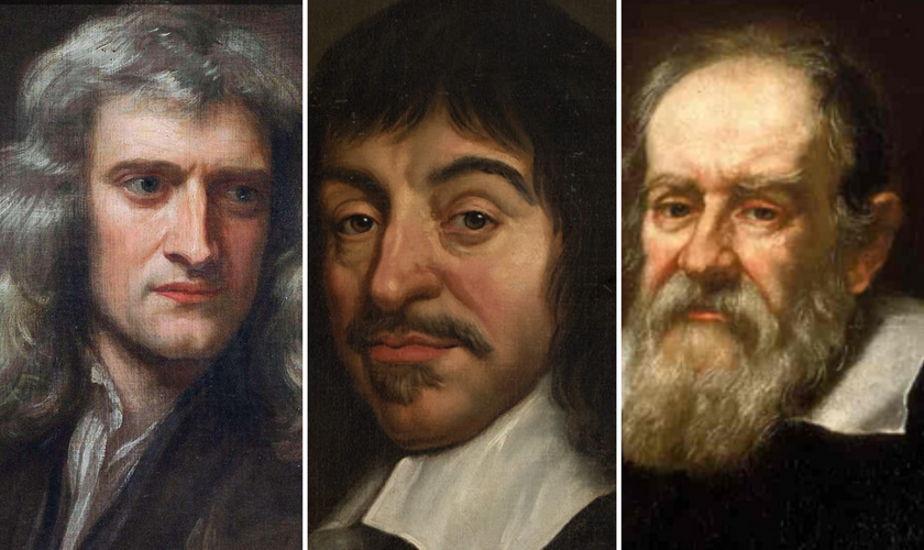 Isaac Newton, René Descartes e Galileu Galilei. (Foto: Domínio público/Wikimedia/SNL)