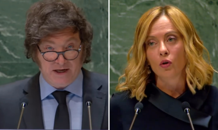 Javier Milei, presidente da Argentina, e Giorgia Meloni, primeira-ministra da Itália, discursam na 79ª sessão Assembleia Geral das Nações Unidas. (Captura de tela/YouTube/Nações Unidas/Palazzo Chigi)