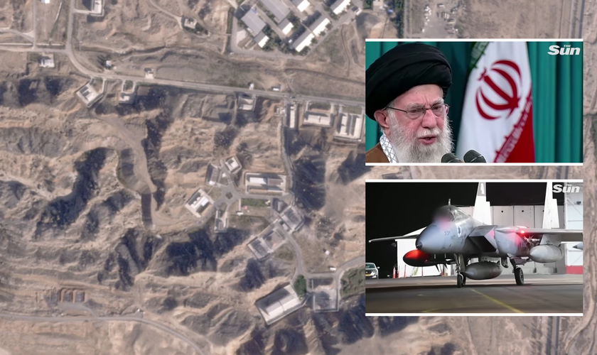 Imagens de satélite de alvos de Israel no Irã; no destaque: aiatolá Ali Khamenei, caças israelenses. (Captura de tela/YouTube/The Sun)