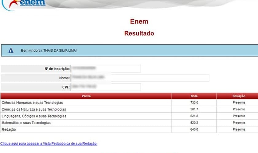 Espelho traz as notas em cada uma das competências da redação do Enem