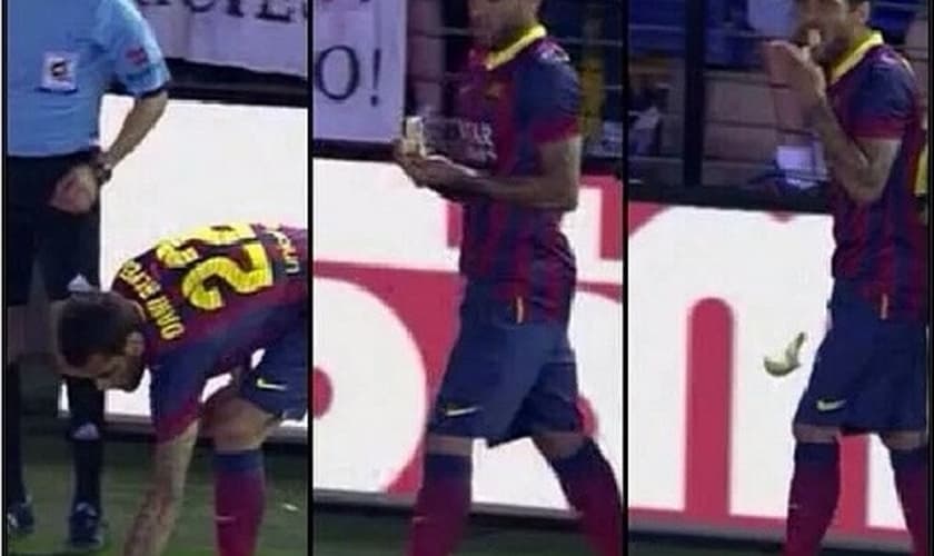 Daniel Alves come banana em campo