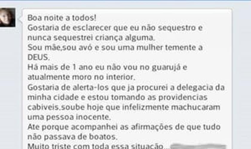 Mulher enviou mensagem ao perfil que publicou boatos