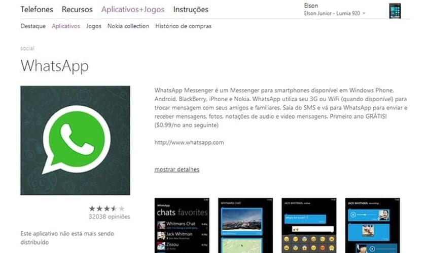 Windows Phone Store informa que aplicativo do WhatsApp não está mais disponível para download