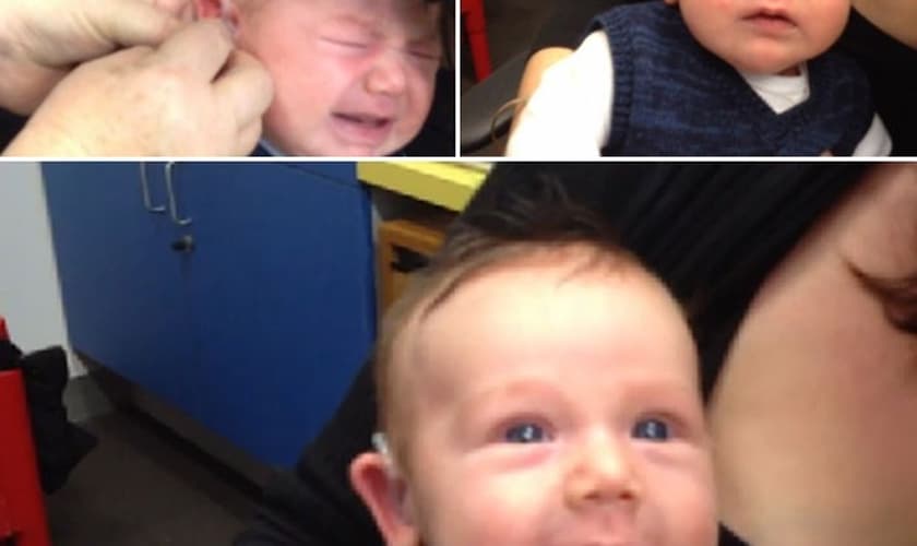 Lachlan sorri ao ouvir a voz do pai com a ajuda de um aparelho