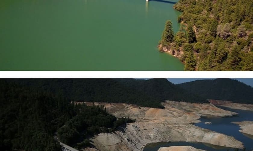 Montagem compara a região da Ponte Enterprise, que cruza o Lago Oroville, na Califórnia. A primeira foto é de 20 de julho de 2011. A segunda, de 19 de agosto de 2014. Terceiro ano consecutivo de seca obrigou o estado a tomar medidas drásticas para economi