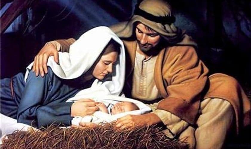 Jesus na manjedoura com José e Maria