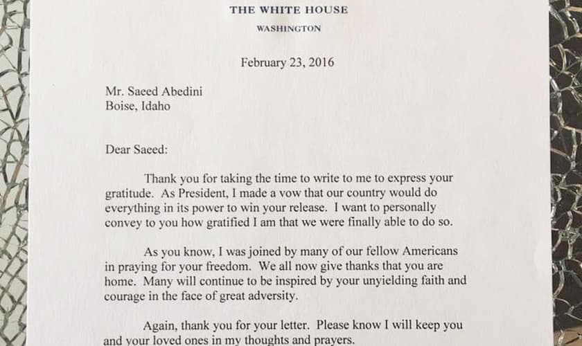 A mensagem de Obama veio em resposta à carta de agradecimento enviada anteriormente pelo pastor. (Foto: Facebook/Saeed Abedini)