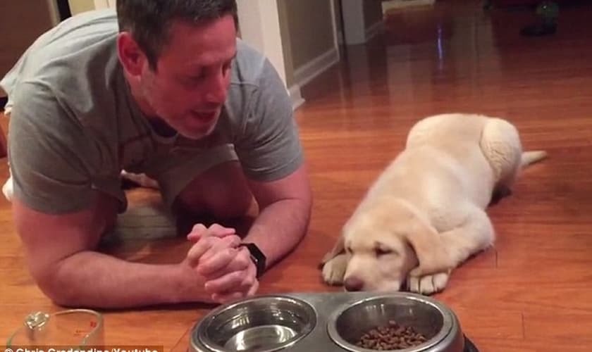 Nas imagens, o norte-americano Chris Credendino, dono do cãozinho apelidado de Kahlua, conduz a oração de gratidão pelo alimento. (Foto: Youtube/Chris Credendino)