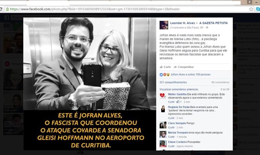 Foto postada por página do Facebook acusa Jofran Alves de "cumplicidade para agredir a senadora Gleisi Hoffman". (Imagem: Facebook)