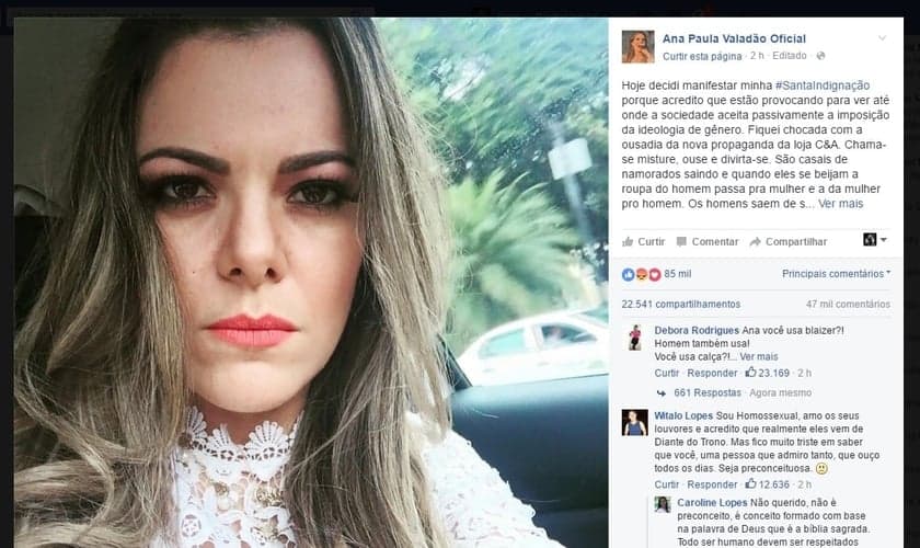 Entre críticas e elogios, em apenas duas horas, a postagem de Ana Paula Valadão já havia recebido 47 mil comentários e 22 mil compartilhamentos. (Imagem: Facebook)
