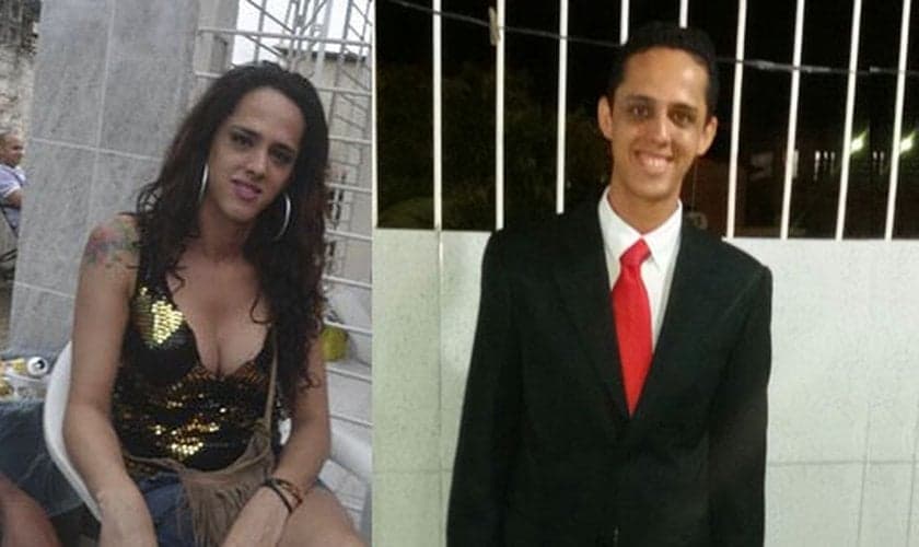 À esquerda, Thiago Leite ainda no tempo em que era travesti. Á direita, após sua conversão. (Imagem: Guiame)