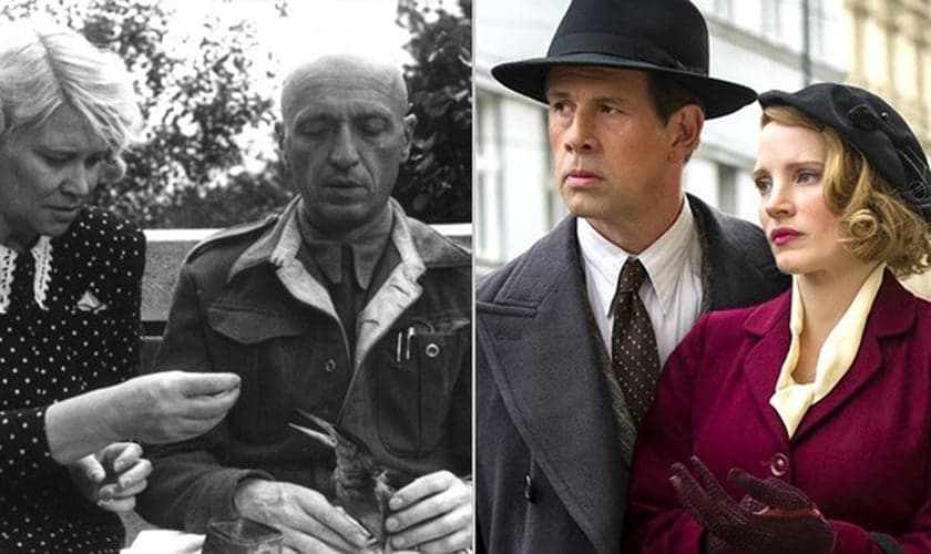 Jan e Antonina Zabinski (à esquerda) e os atores Jessica Chastain e Johan Heldenbergh (à direita). (Foto: AdoroCinema)