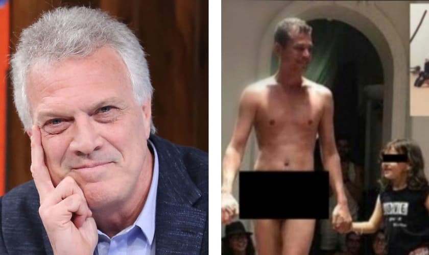 Pedro Bial (esquerda) e performance de homem nu com crianças no MAM (direita). (Imagem - Edição: Guiame)