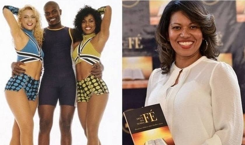 Débora Brasil com Carla Perez e Edson Cardoso (à esquerda) como dançarinos do É o Tchan e atualmente. (Imagem: Extra)