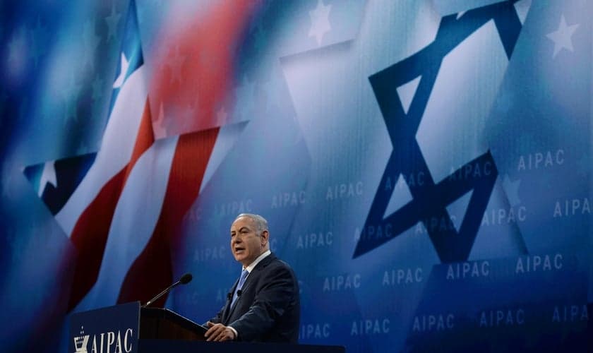 Benjamin Netanyahu em discurso na Conferência Aipac em Washington, nos EUA. (Foto: Haim Zach/GPO)