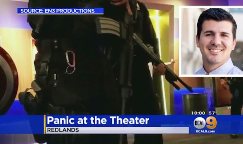 Pastor Michael Webber (canto direito) foi preso após suspeita de que ele estivesse armado dentro da sala de cinema. (Foto: Maven)