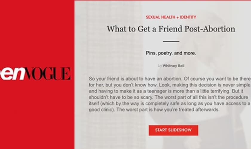 Artigo da 'Teen Vogue' com mensagem de apologia ao aborto. (Foto: Reprodução)