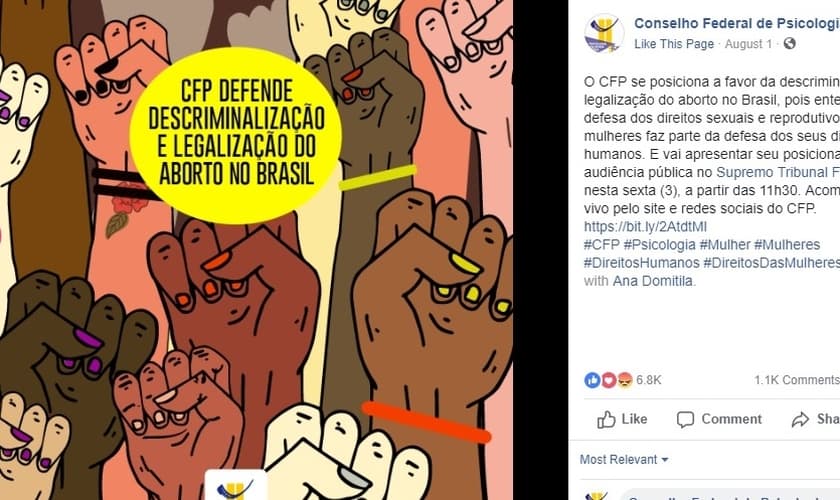 Publicação do Conselho Federal de Psicologia em sua página oficial do Facebook, defendendo abertamente a legalização do aborto. (Foto: Facebook)
