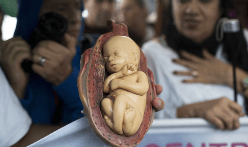 Feto feito de plástico em evento católico contra a legalização do aborto, no Rio de Janeiro. (Foto: Silvia Izquierdo/Associated Press)