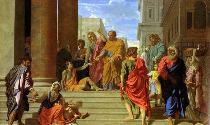 Quadro do pintor francês Nicolas Poussin (1655) mostra Pedro e João curando homem coxo. (Foto: Wikimedia Commons)