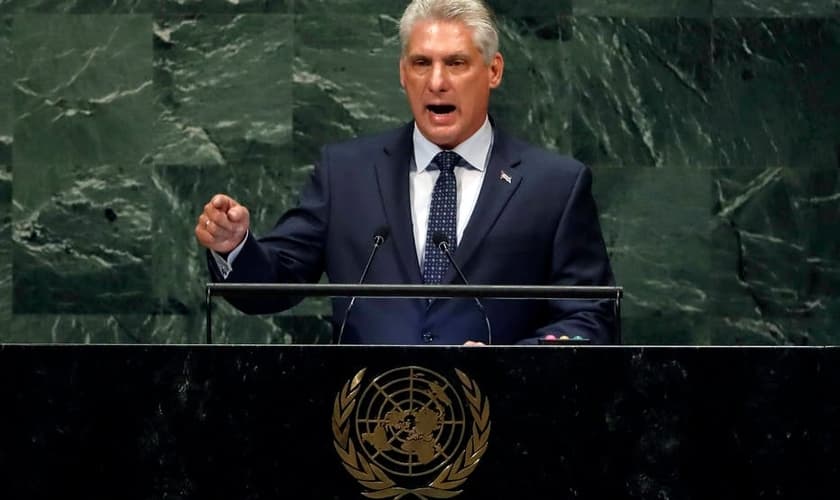 Presidente cubano Miguel Díaz-Canel durante discurso na ONU. (Foto: AP Photo/Richard Drew)